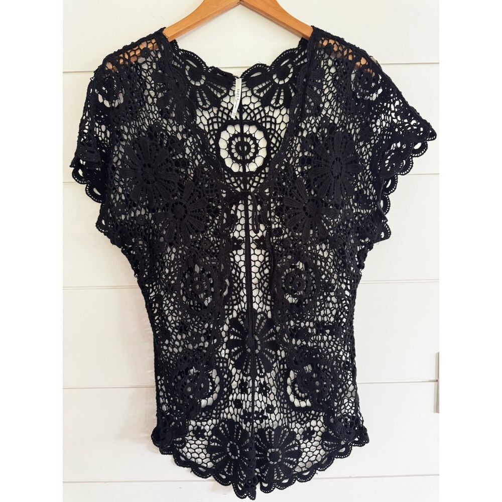 India Boutique Black Crochet Cardigan One Size Boho Whimsigoth High Low Lace